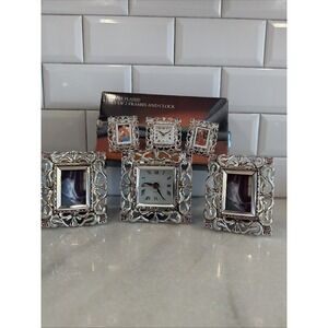 Vintage 1996 Set of Mini Silverplated Picture Frames And Clock by Godinger GW994